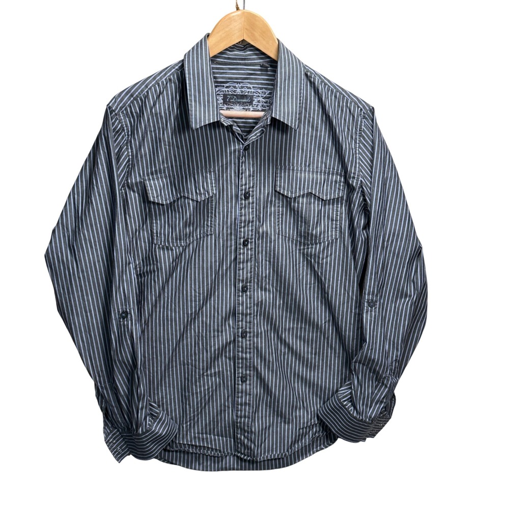 7 Diamonds Mens Long Sleeve Striped Button‎ Down Shirt Grey Blue Embroidered L